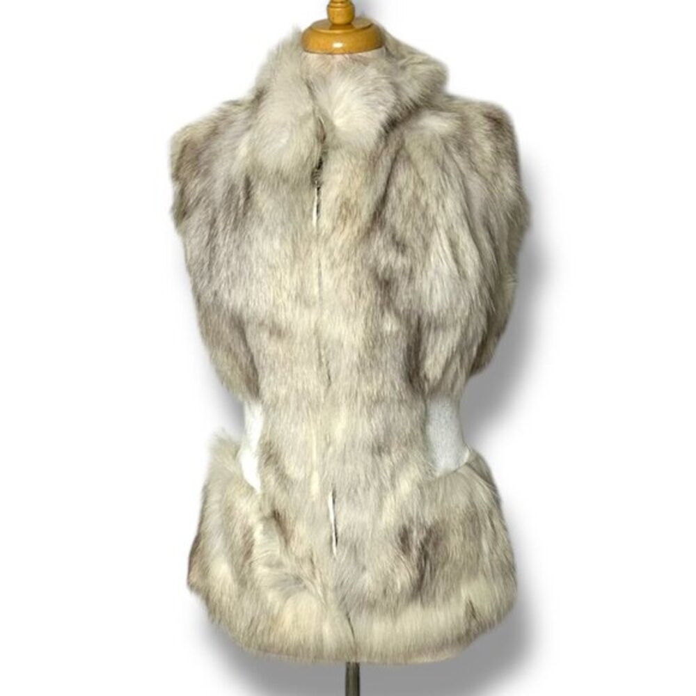 Peri Luxe Rabbit Vest Fox Collar Knitted Waist Band Cream White Zip Up Size S